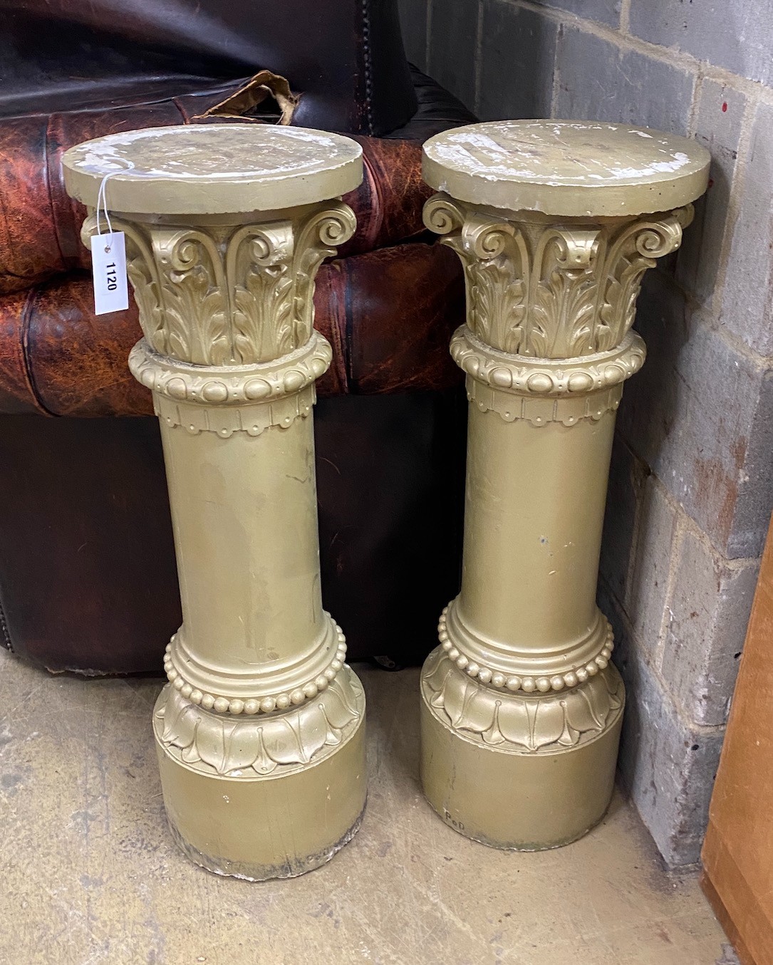 A pair of gold painted composition pedestals, diameter 28cm, height 84cm